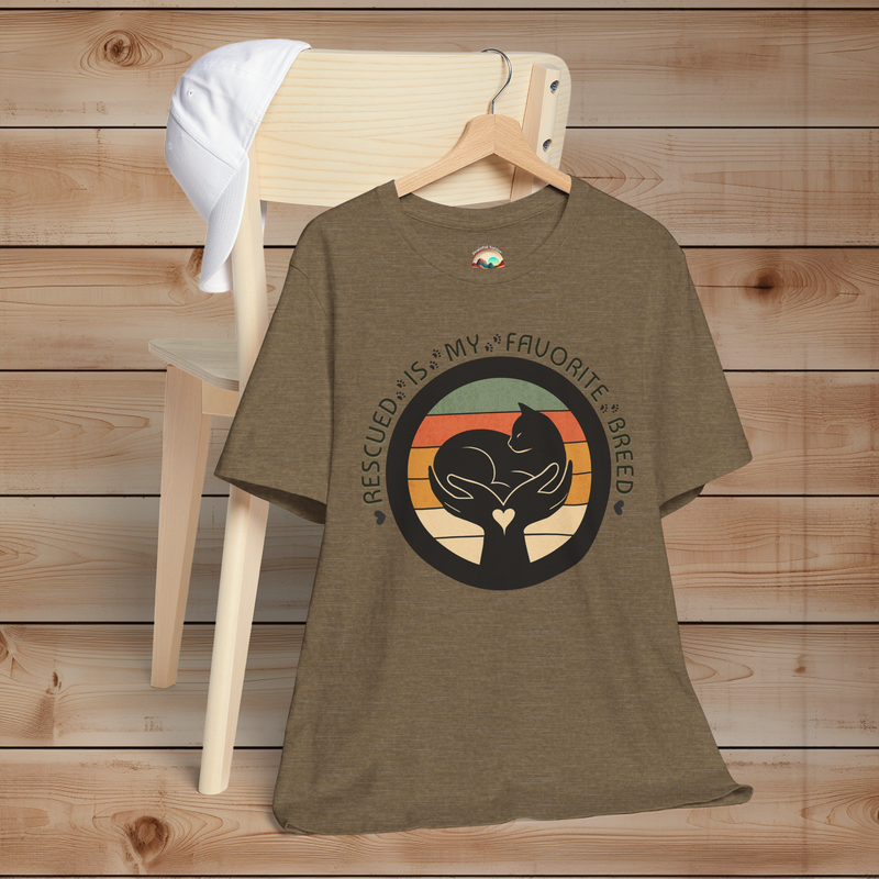 Heather Olive cat rescue T-shirt – ‘Rescued Is My Favorite Breed’ retro design with circular sunset stripes and silhouette cat