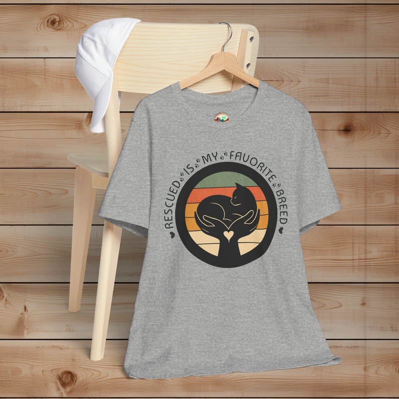 Athletic Heather ‘Rescued Is My Favorite Breed’ T-shirt featuring black cat in loving hands retro design – Bella+Canvas 3001