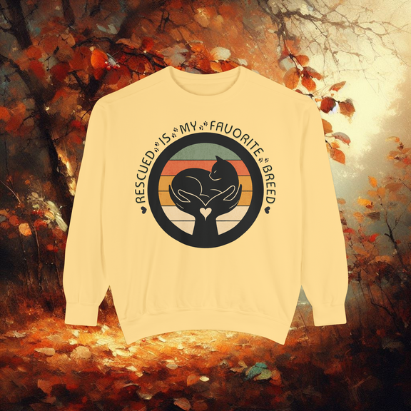 Butter yellow Comfort Colors 1566 sweatshirt โ Rescued Is My Favorite Breed animal rescue design