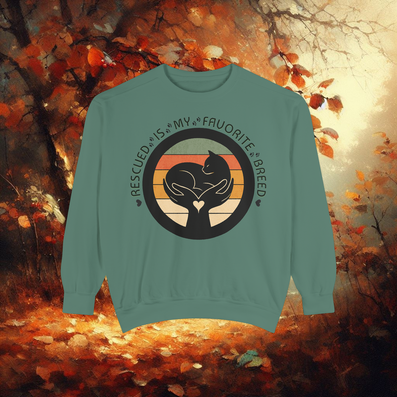 Light green Rescued Is My Favorite Breed sweatshirt โ soft garment-dyed Comfort Colors 1566 crewneck