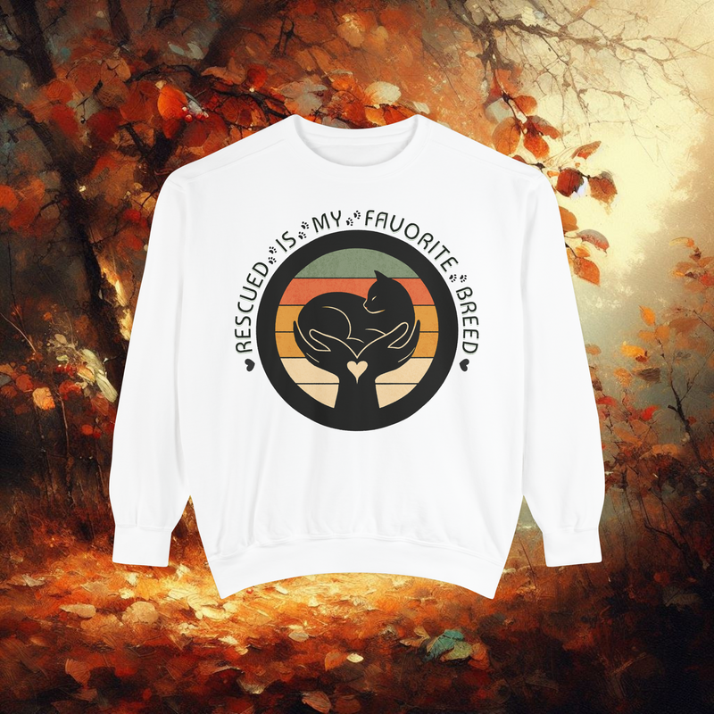 Rescued Is My Favorite Breed sweatshirt in white โ Comfort Colors 1566 premium garment-dyed crewneck for animal lovers