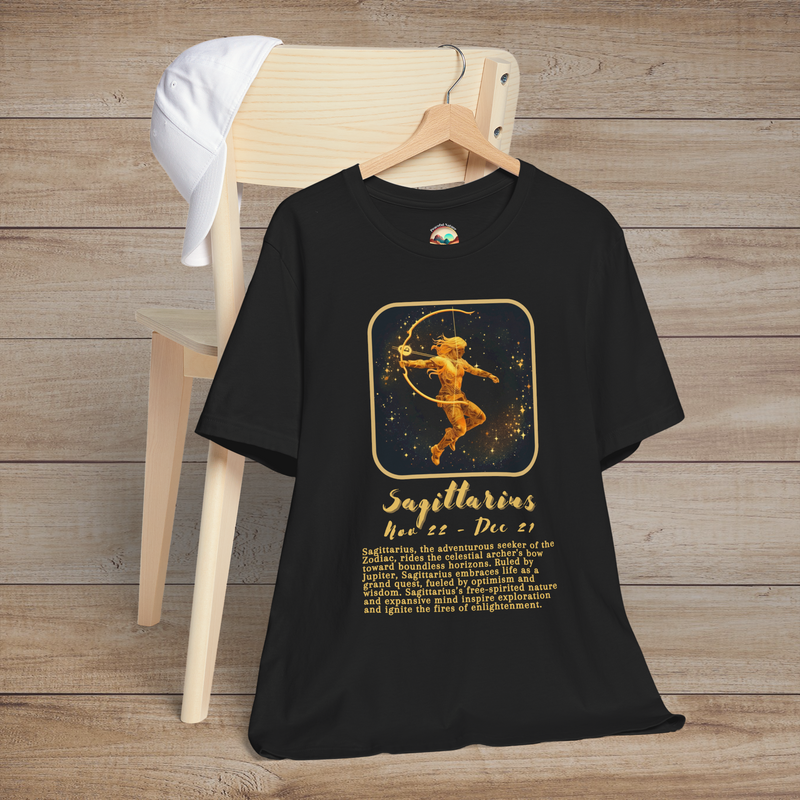 Black Sagittarius Zodiac T-Shirt with a gold archer symbol, birth dates, and traits of freedom and adventure