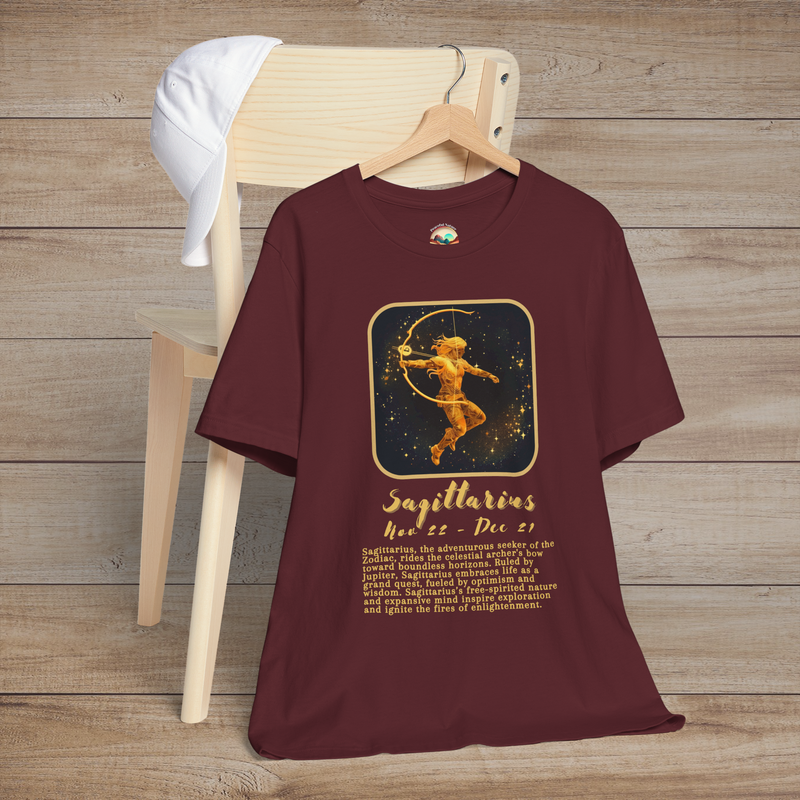 Maroon Sagittarius Zodiac T-Shirt featuring a golden archer design and optimistic astrology meaning