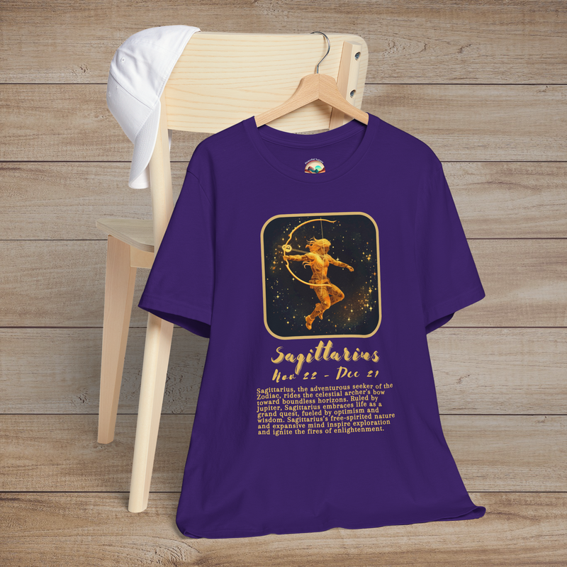 Purple Sagittarius Zodiac T-Shirt featuring a radiant golden archer icon and open-minded zodiac spirit