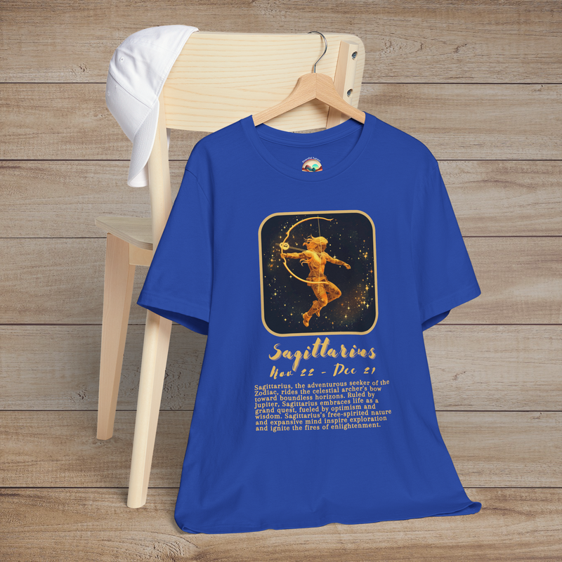 Royal blue Sagittarius Zodiac T-Shirt with a gold archer symbol celebrating adventure and truth-seeking