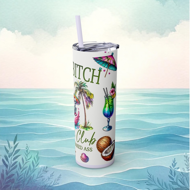 Right side of glitter lilac Salty Bitch tumbler showing beach cocktail in a hurricane glass, coconut, seashell, and paper umbrella