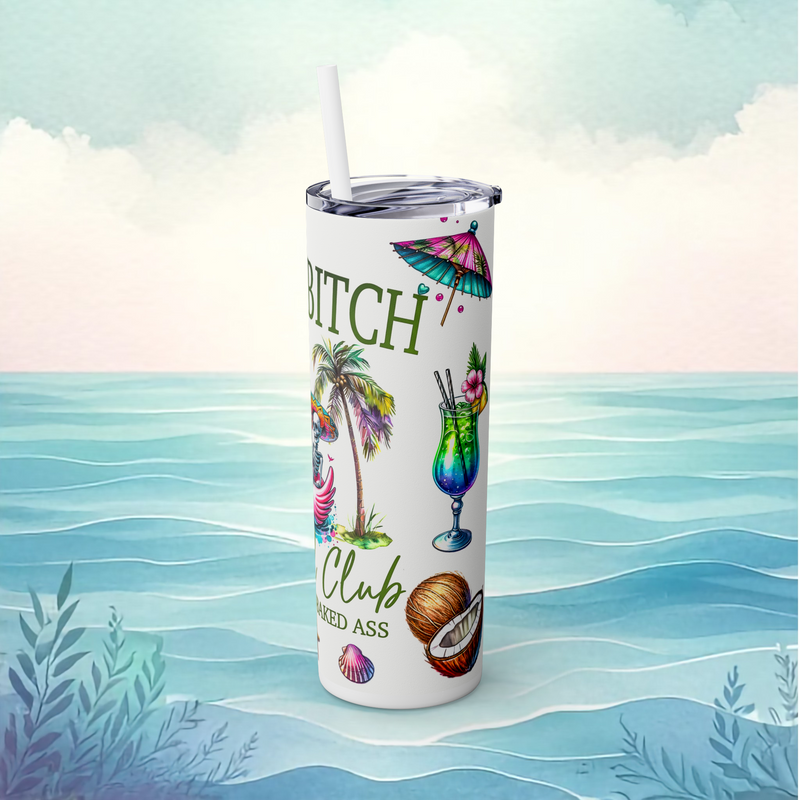 Right side of the Salty Bitch Social Club white tumbler with detailed cocktail umbrella, green island drink, cracked coconut, and seashell illustrations