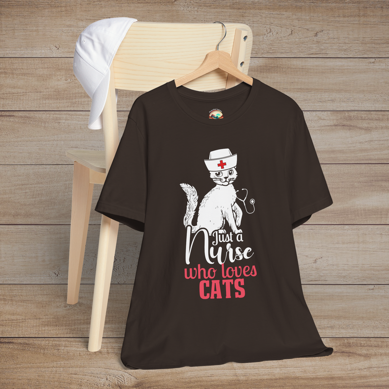 Brown t-shirt showcasing a white cat wearing a nurse cap with a stethoscope and the phrase Just a Nurse Who Loves Cats