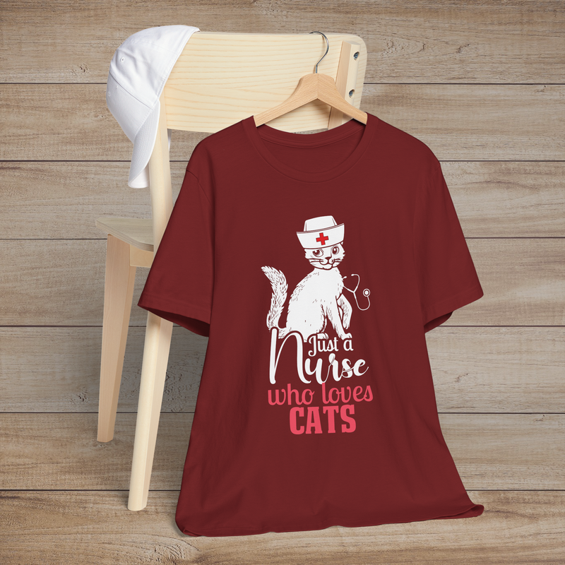 Cardinal red t-shirt with a cute white cat in a nurse’s hat sitting above the text Just a Nurse Who Loves Cats