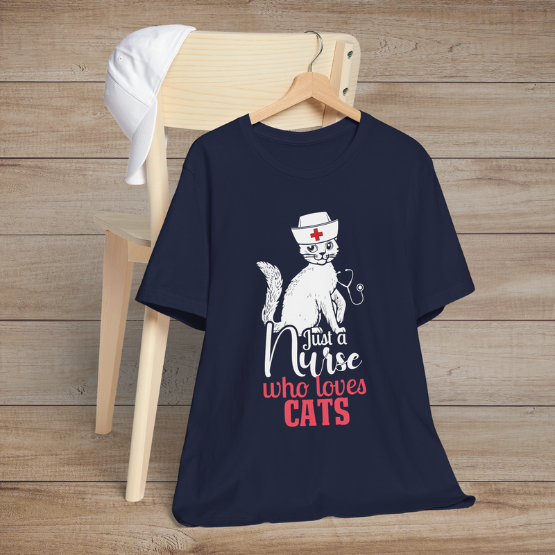 Navy blue t-shirt displaying a cute white cat nurse illustration with the text Just a Nurse Who Loves Cats