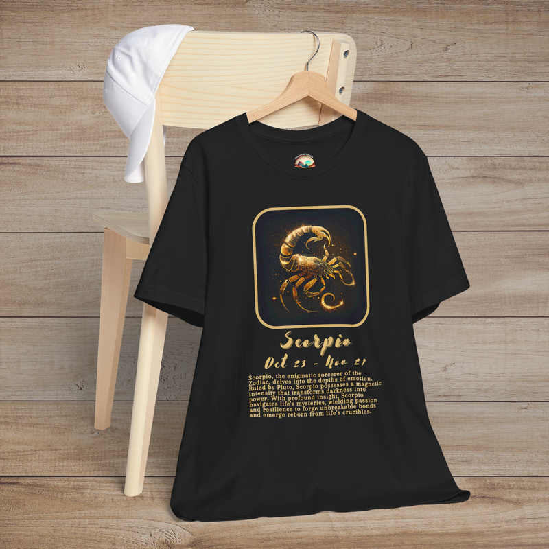 Black Scorpio Zodiac T-Shirt with a gold scorpion symbol, birth dates, and traits of passion and intensity
