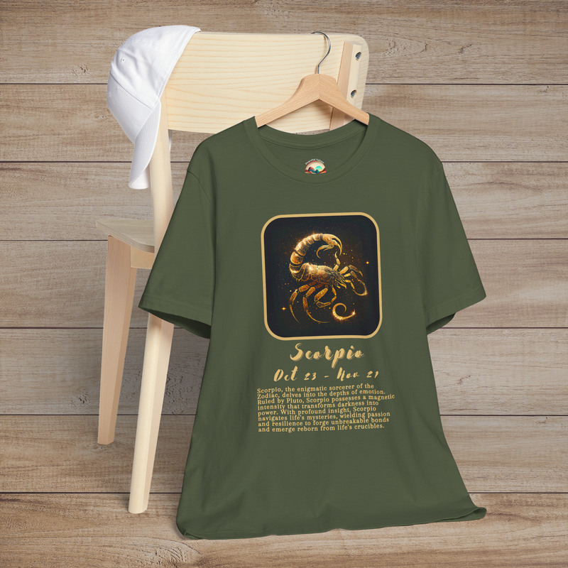 Military green Scorpio Zodiac T-Shirt showcasing Scorpio’s depth, mystery, and strength
