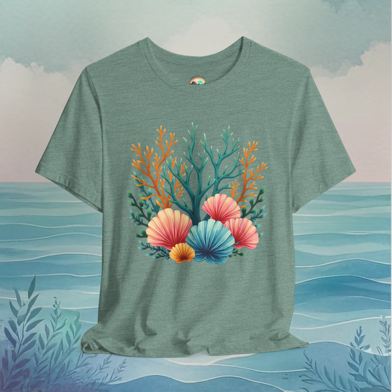 🌊 Seashell Coral Garden – Premium Ocean-Inspired Graphic Tee Heather Dusty Blue