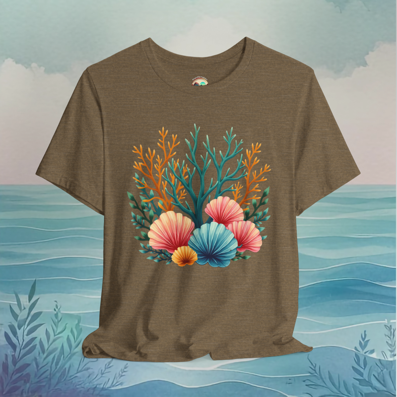 🌊 Seashell Coral Garden – Premium Ocean-Inspired Graphic Tee Heather Olive