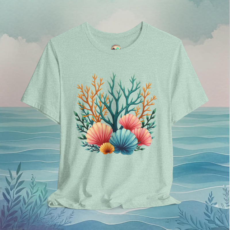🌊 Seashell Coral Garden – Premium Ocean-Inspired Graphic Tee Heather Prism Mint