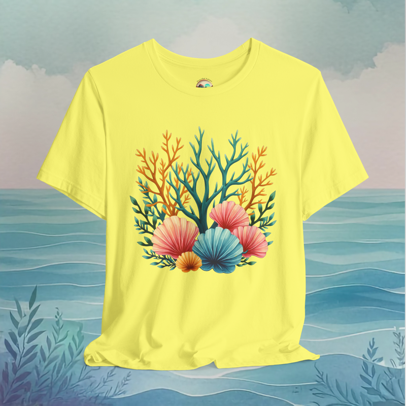 🌊 Seashell Coral Garden – Premium Ocean-Inspired Graphic Tee Yellow