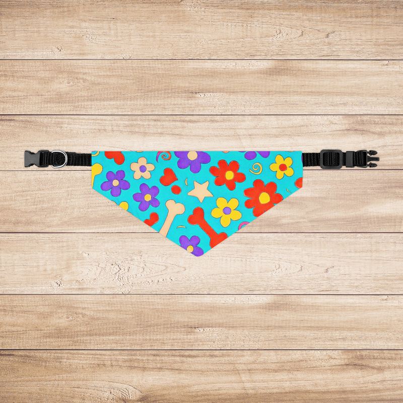 Small bandana shown flat, featuring bold and colorful design