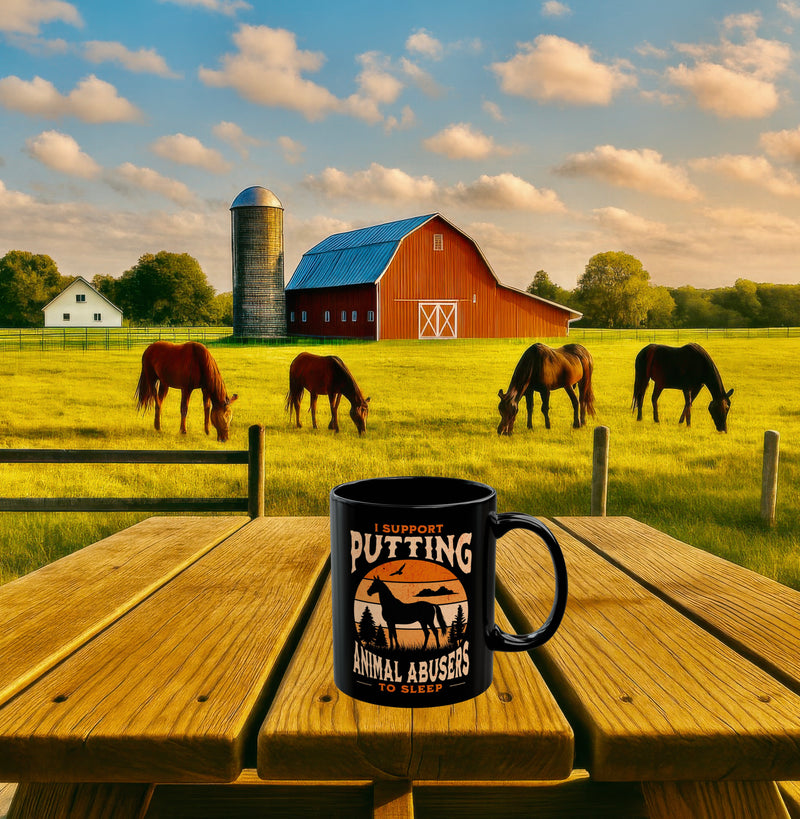 Black 11oz coffee mug (right view) with bold horse silhouette and anti-animal abuse message, displayed outdoors on picnic table in front of barn and grazing horses.