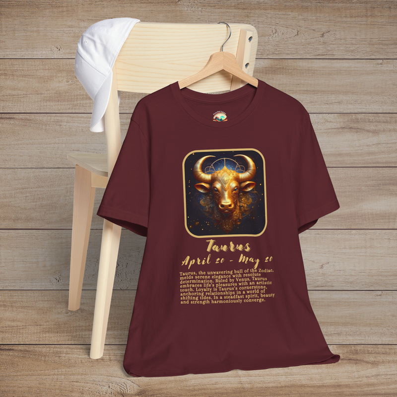 Maroon Taurus Zodiac T-Shirt featuring a golden bull symbol and reliable, grounded astrology meaning