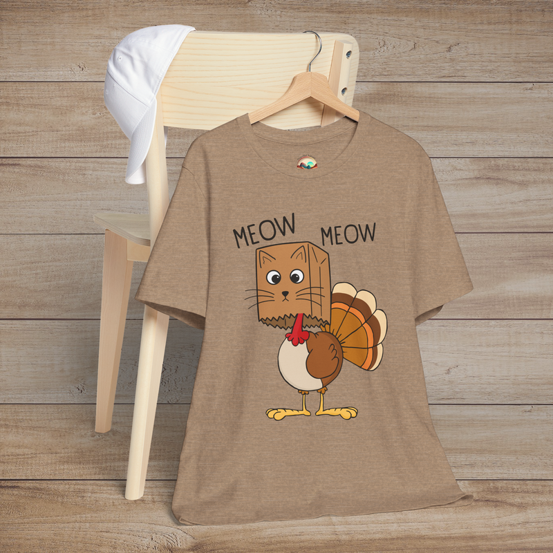 Heather tan Thanksgiving shirt with silly cat wearing turkey costume and “Meow Meow” text