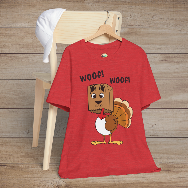 Comical Thanksgiving turkey dressed as a dog, “Woof! Woof!” phrase, on heather red shirt