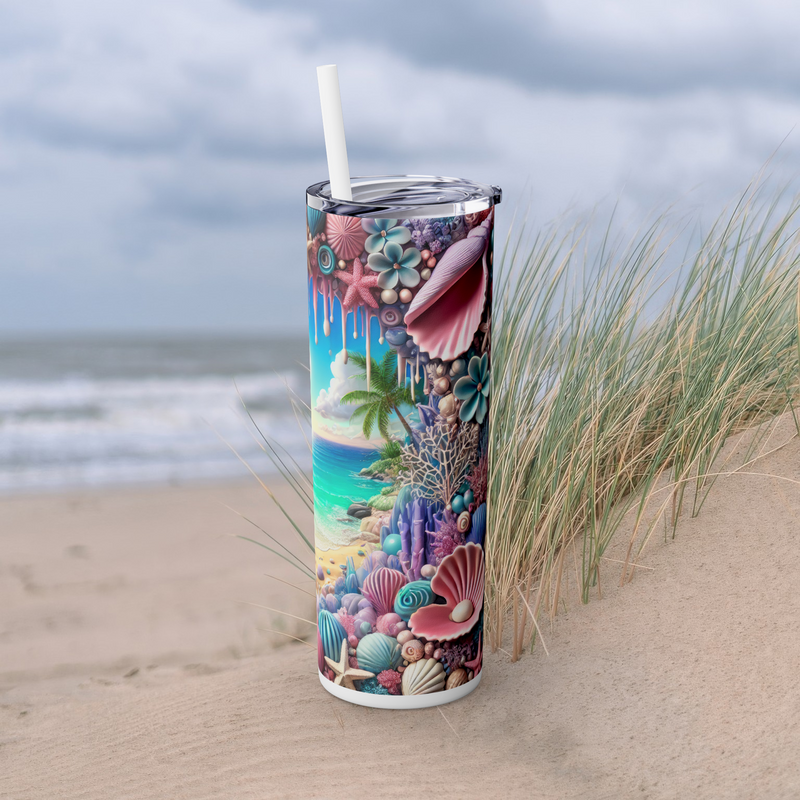 🐚🌴 Tropical Beach Paradise Skinny Tumbler – 20 oz Insulated Stainless Steel with Straw