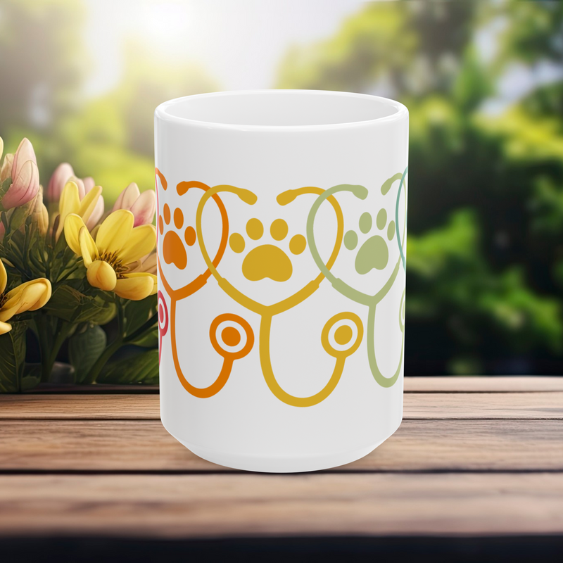 15 oz white mug featuring multicolor veterinary design – front view