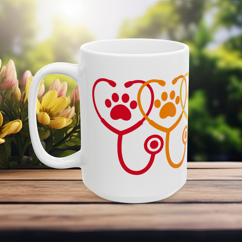 15 oz mug showing green paw print design – left side view