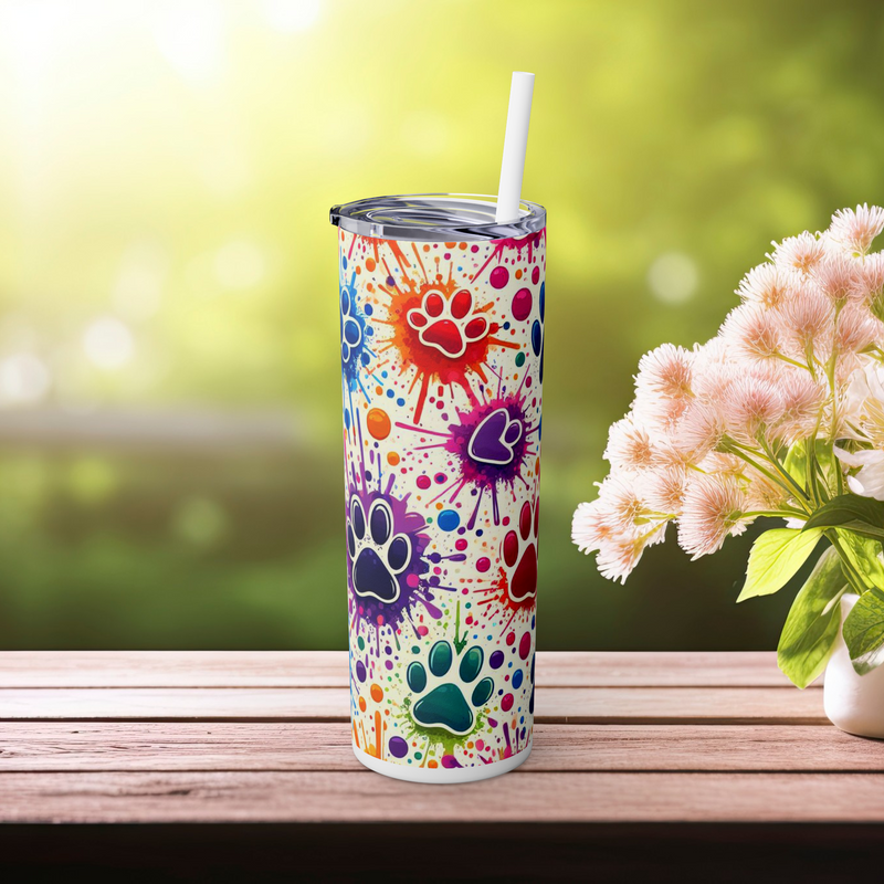 🎨 Color Splash Paw Print Skinny Tumbler – 20oz Pet Lover Edition 🐶🐱