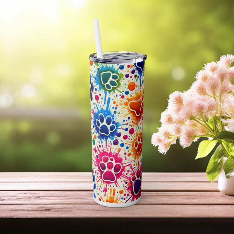 🎨 Color Splash Paw Print Skinny Tumbler – 20oz Pet Lover Edition 🐶🐱