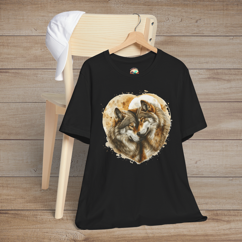 Black t-shirt featuring a realistic heart-framed design of two wolves touching heads in a warm, affectionate pose