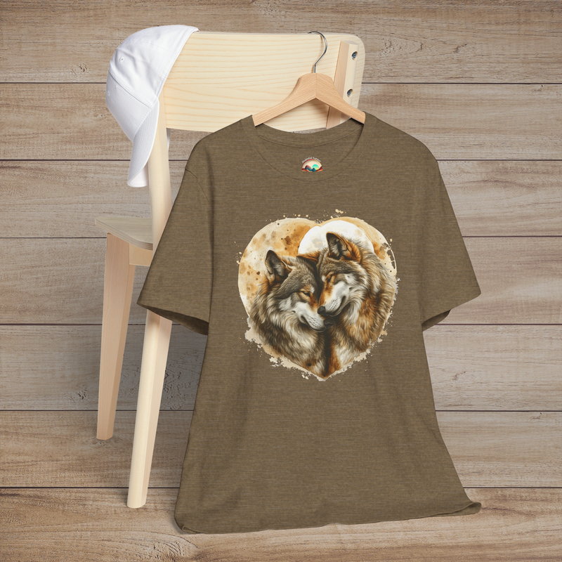 Heather olive t-shirt showcasing a detailed print of two affectionate wolves within a heart outline, symbolizing love and loyalty