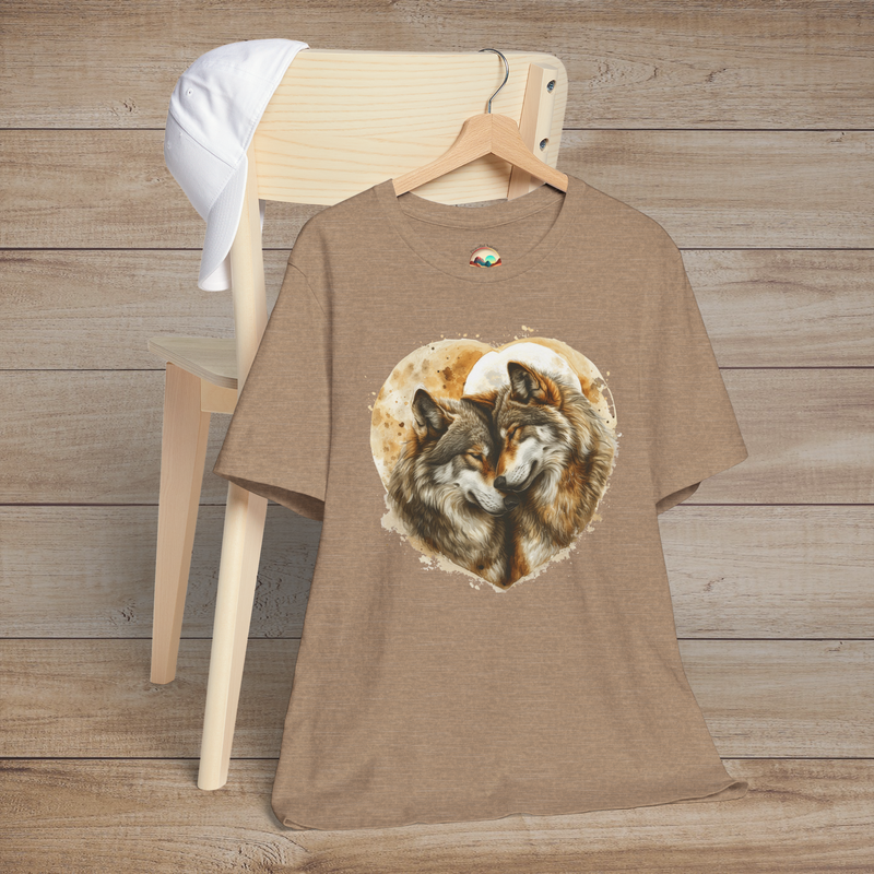 Heather tan t-shirt with realistic artwork of two wolves nestled together inside a heart shape, highlighting connection and wilderness