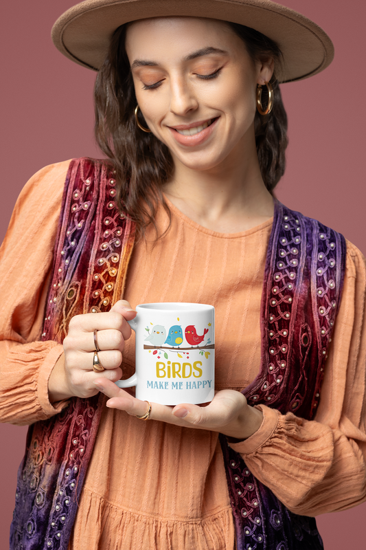 Cheerful "Birds Make Me Happy" Mug Featuring Adorable Cartoon Birds