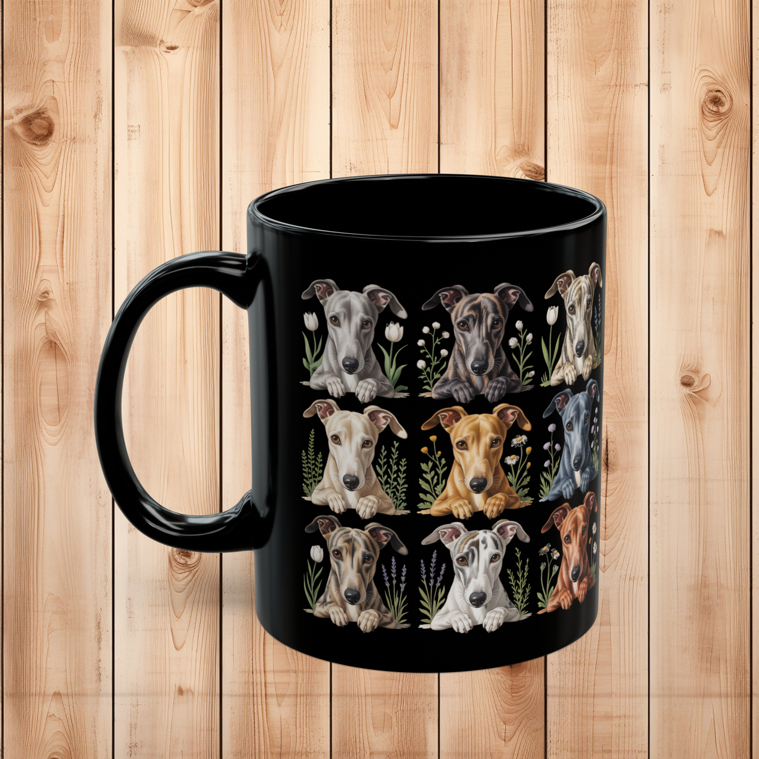 Left side view of an 11oz black coffee mug with dog portraits and a C-shaped handle.