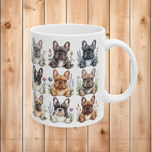 Right side view of the 11oz Frenchie art mug against a light wood background.