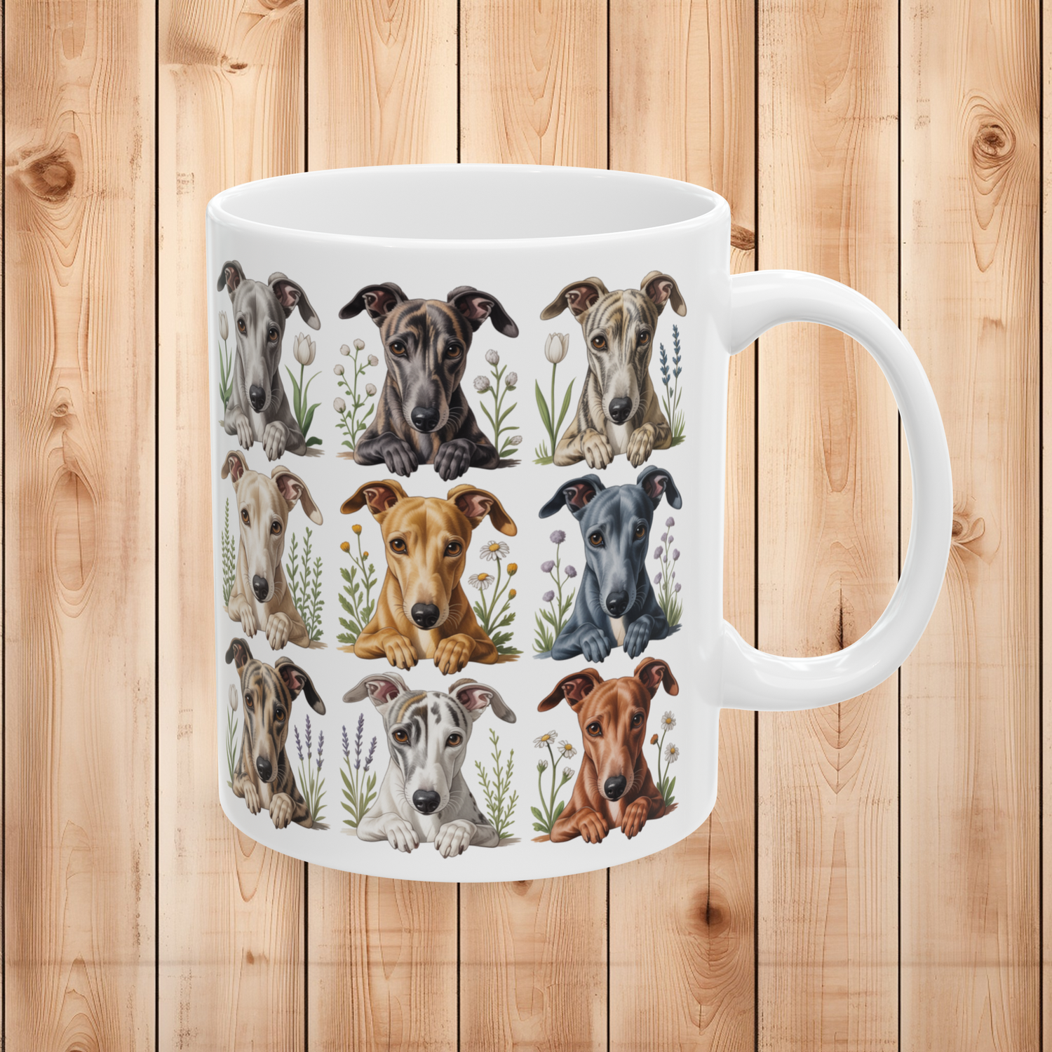 Right side view of an 11oz white ceramic mug featuring Whippet and Greyhound portraits with wildflowers.