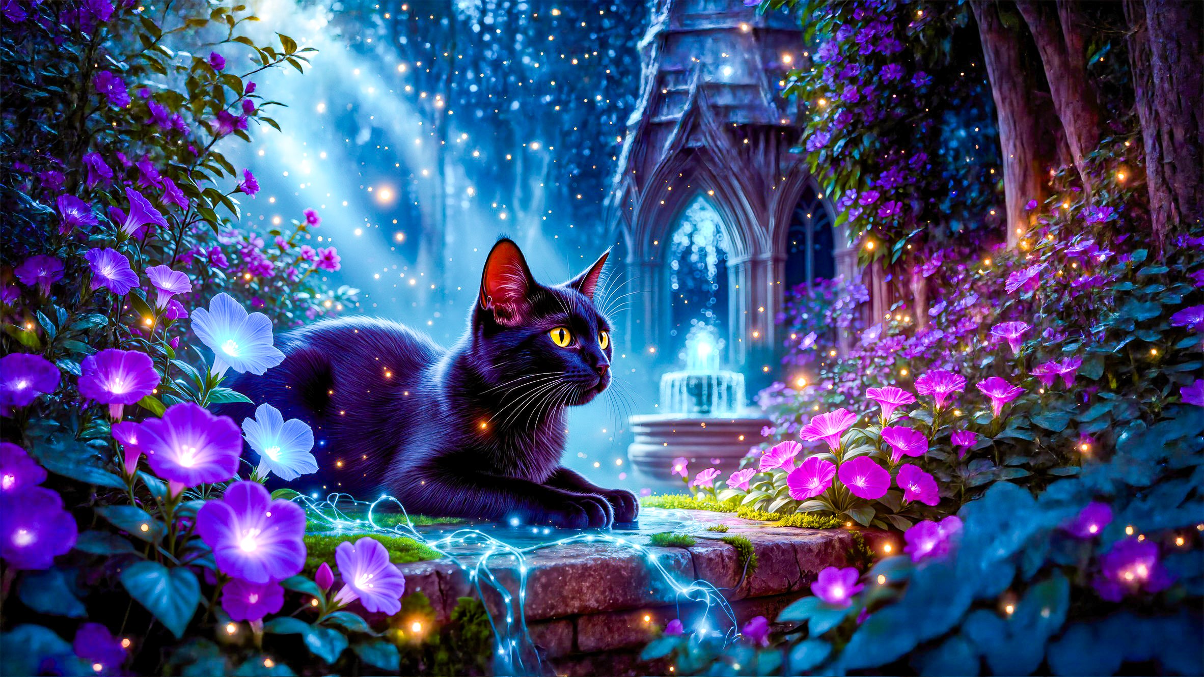 Load video: Kira, the black cat, exploring a surreal, glowing crystal fantasy landscape.