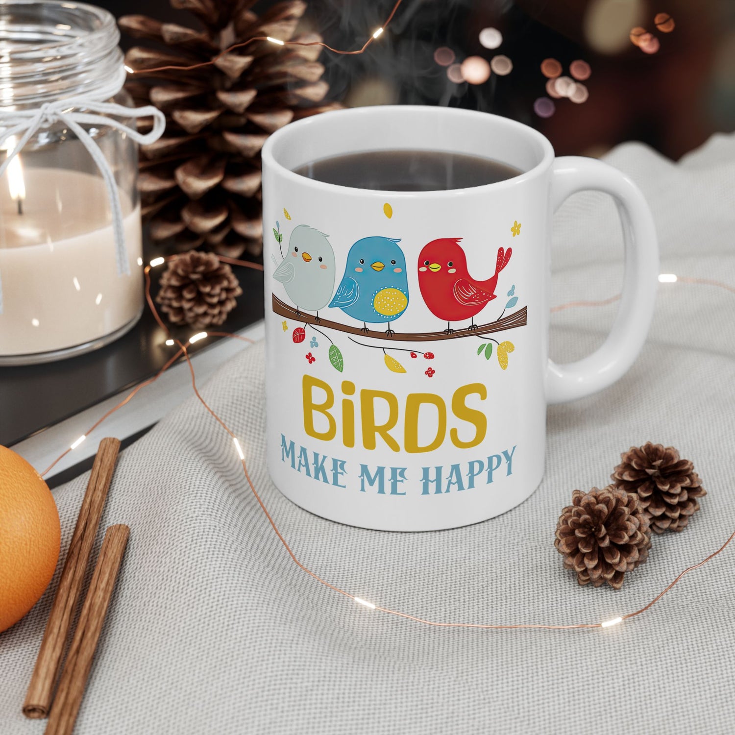 Cheerful "Birds Make Me Happy" Mug Featuring Adorable Cartoon Birds