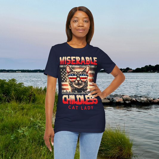 "Miserable Childless Cat Lady" Premium T-Shirt with Patriotic Cat Design