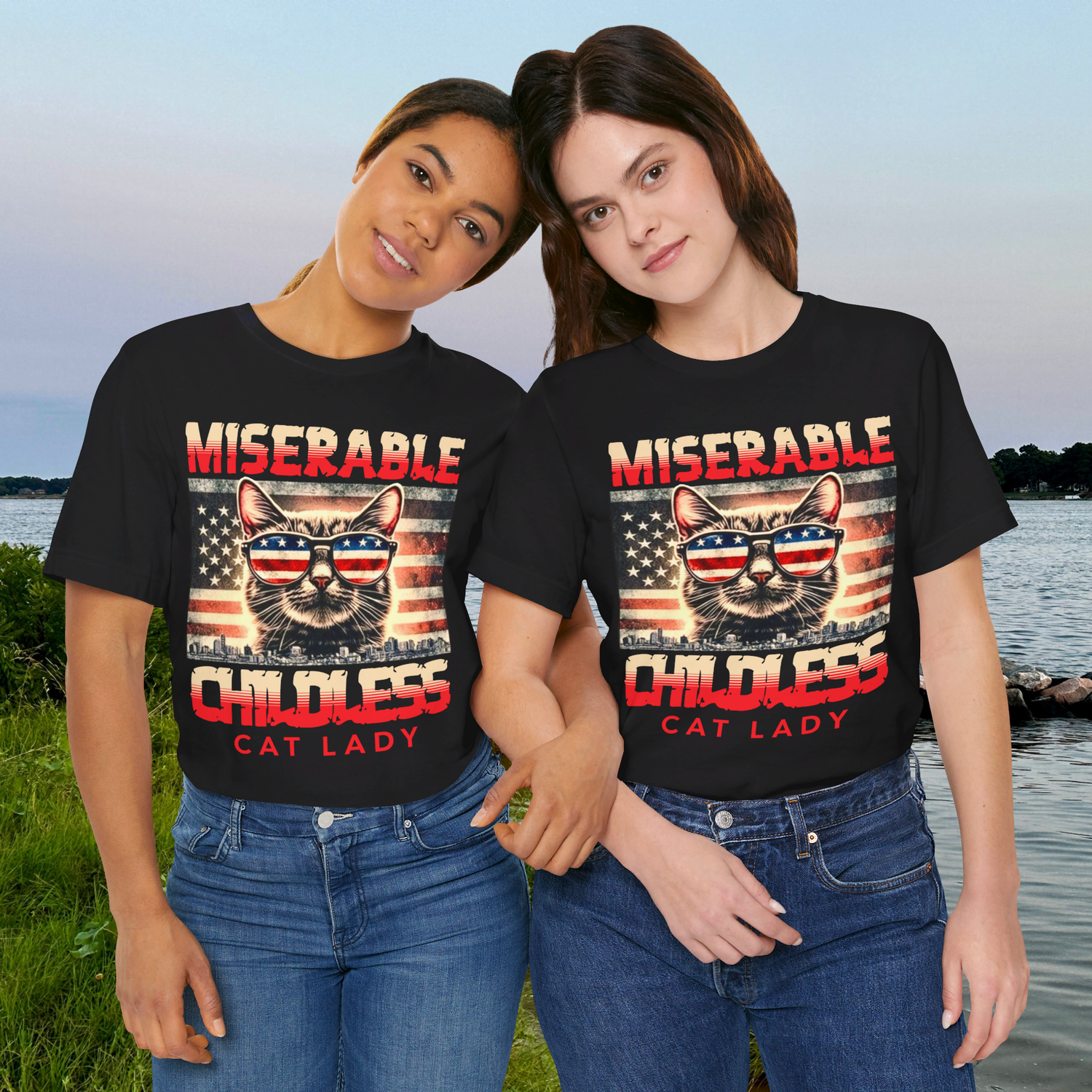 "Miserable Childless Cat Lady" Premium T-Shirt with Patriotic Cat Design