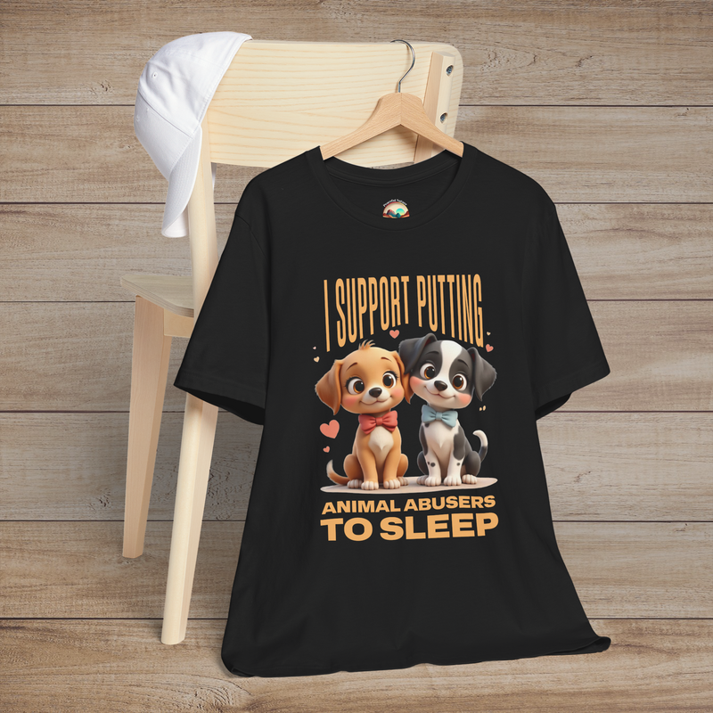Black t-shirt with adorable Pixar-style puppies and the phrase “I support putting animal abusers to sleep” in bold, playful type