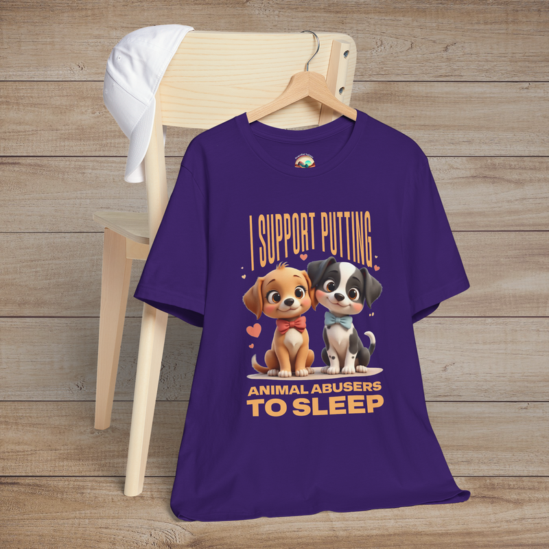 Team purple tee with lovable animated puppies and powerful anti-animal-abuse slogan in soft pastel hearts