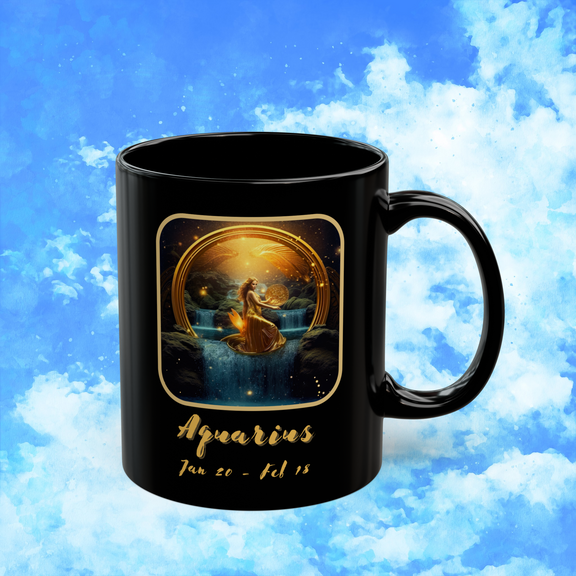 Aquarius Zodiac Astrology Mug 11 oz right view with golden water bearer symbol and visionary zodiac traits
