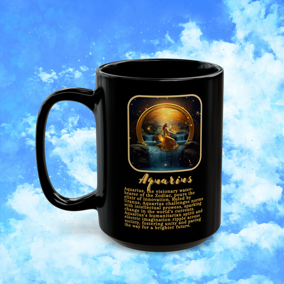 Aquarius Zodiac Astrology Mug 15 oz left view with vibrant water bearer design and progressive traits