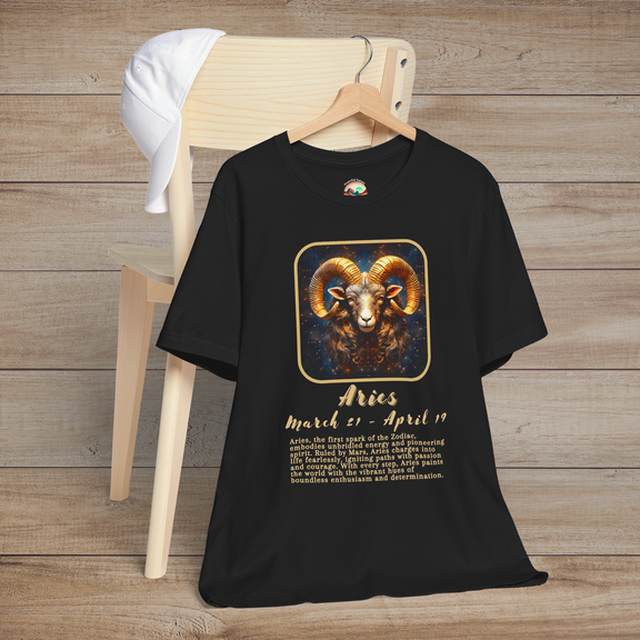Black Aries Zodiac T-Shirt with a gold ram symbol, birth dates, and traits of courage and leadership