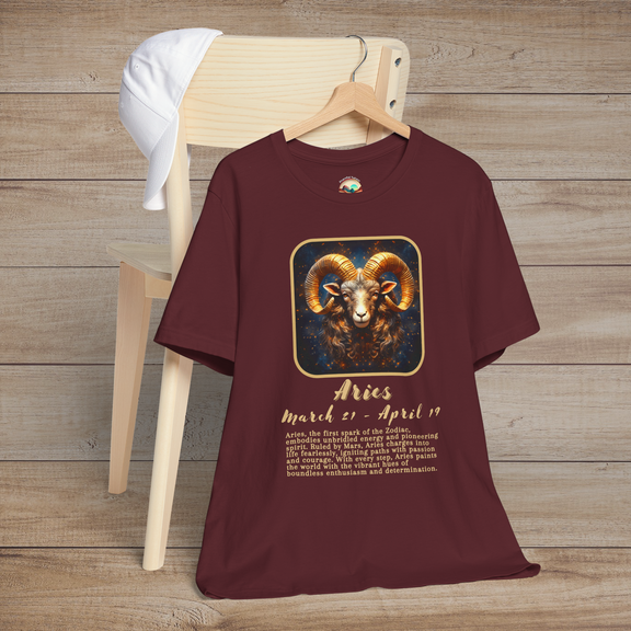 Maroon Aries Zodiac T-Shirt featuring a bold gold Aries ram symbol and energetic astrology traits