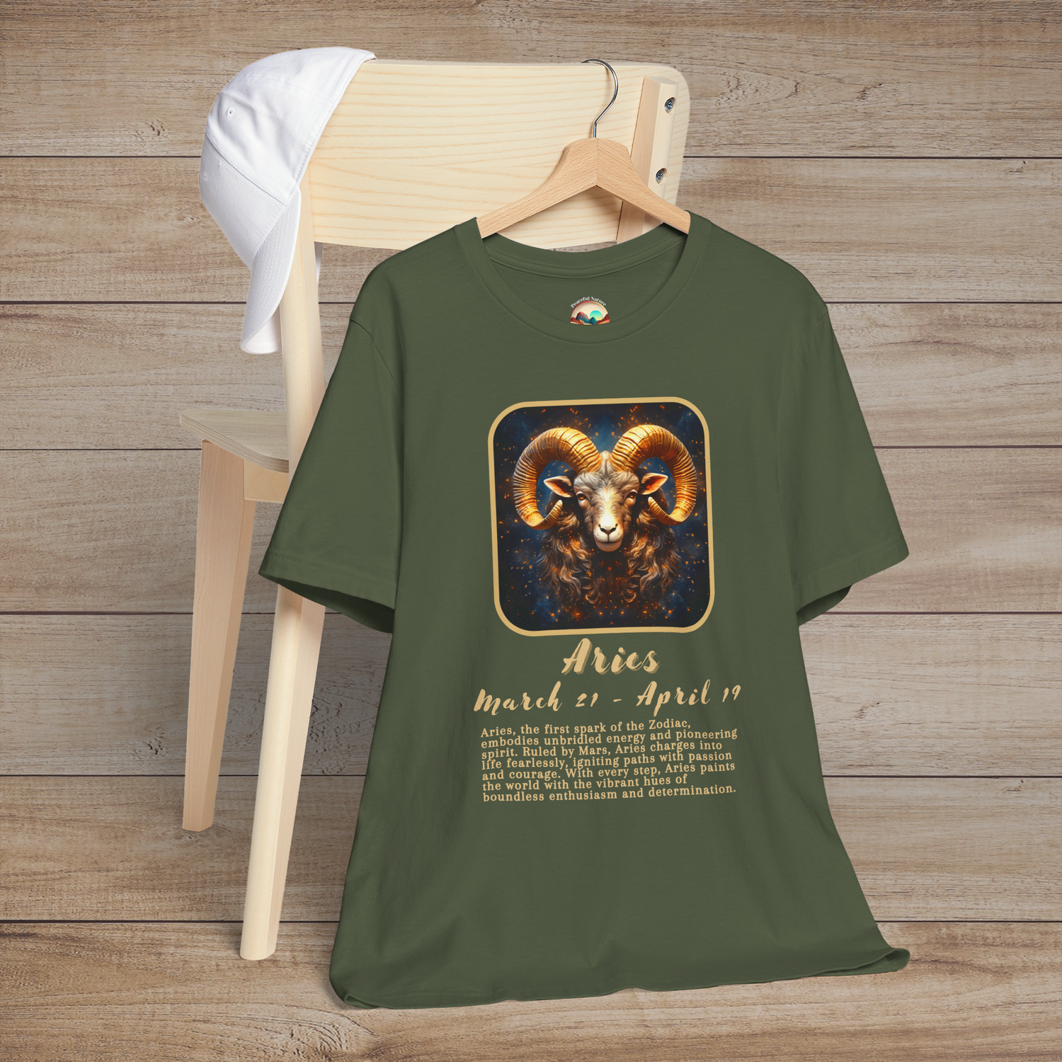 Military green Aries Zodiac T-Shirt with a golden ram emblem symbolizing bravery and adventure