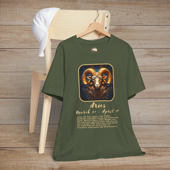 Military green Aries Zodiac T-Shirt with a golden ram emblem symbolizing bravery and adventure