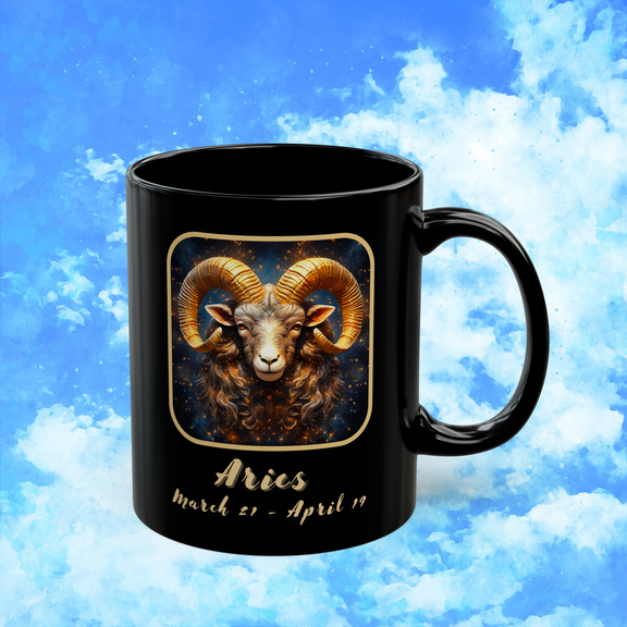 Aries Zodiac Astrology Mug 11 oz right view with golden ram symbol and fiery zodiac description